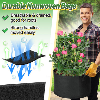 ANPHSIN Sturdy Triangle Tomato Cage with Movable 15 Gal Grow Bags - 3 Sets 47'' Plants Garden Trellis Planters, Support for Indoor Outdoor Beans, Peppers, Eggplants, Climbing Vegetables