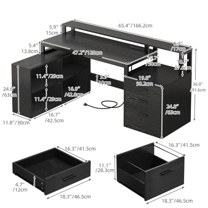 DWVO L Shaped Desk with Drawers, 65" Computer Desk with Power Outlets & LED Lights, Corner Home Office Desk with Storage Shelves & Printer Stand, Black