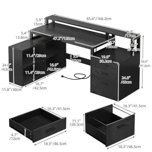 DWVO L Shaped Desk with Drawers, 65" Computer Desk with Power Outlets & LED Lights, Corner Home Office Desk with Storage Shelves & Printer Stand, Black