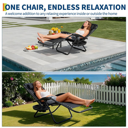Patio Lounge Chairs Set of 2, Outdoor Recliner with Side Tray & Headrest - Heavy Duty Steel Mesh Folding Chairs, Adjustable Portable Camping Lawn Chairs for Poolside, Beach, Backyard, Deck