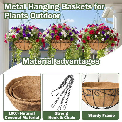 KIDYBELL 4 Pack 14 Inch Hanging Baskets for Plants Outdoor Metal Hanging Planter Basket with Coco Coir Liner Hanging Flower Pots Holder for Garden, Patio(Flower)