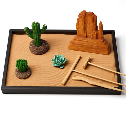 Desert Zen Garden Kit for Desk,12.6x8.6in Premium Sand Tray with 4 Artificial Features, Brown Sands, 3 Wood Tools，Mini Southwestern Desert Decor Zen Sand Garden Set for Home, Office Desk
