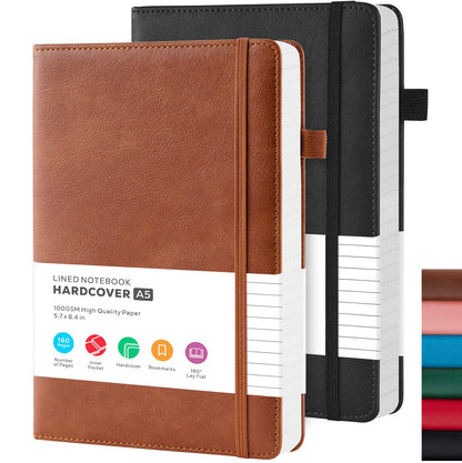 Lined Journal Notebook, A5 (5.7'' x 8.4"), 2 Pack Journaling Notebooks for Women Men Writing Work, Leather Hardcover, 160 Pages per Note Book, 100GSM Thick Paper, School Office Supplies, Black & Brown