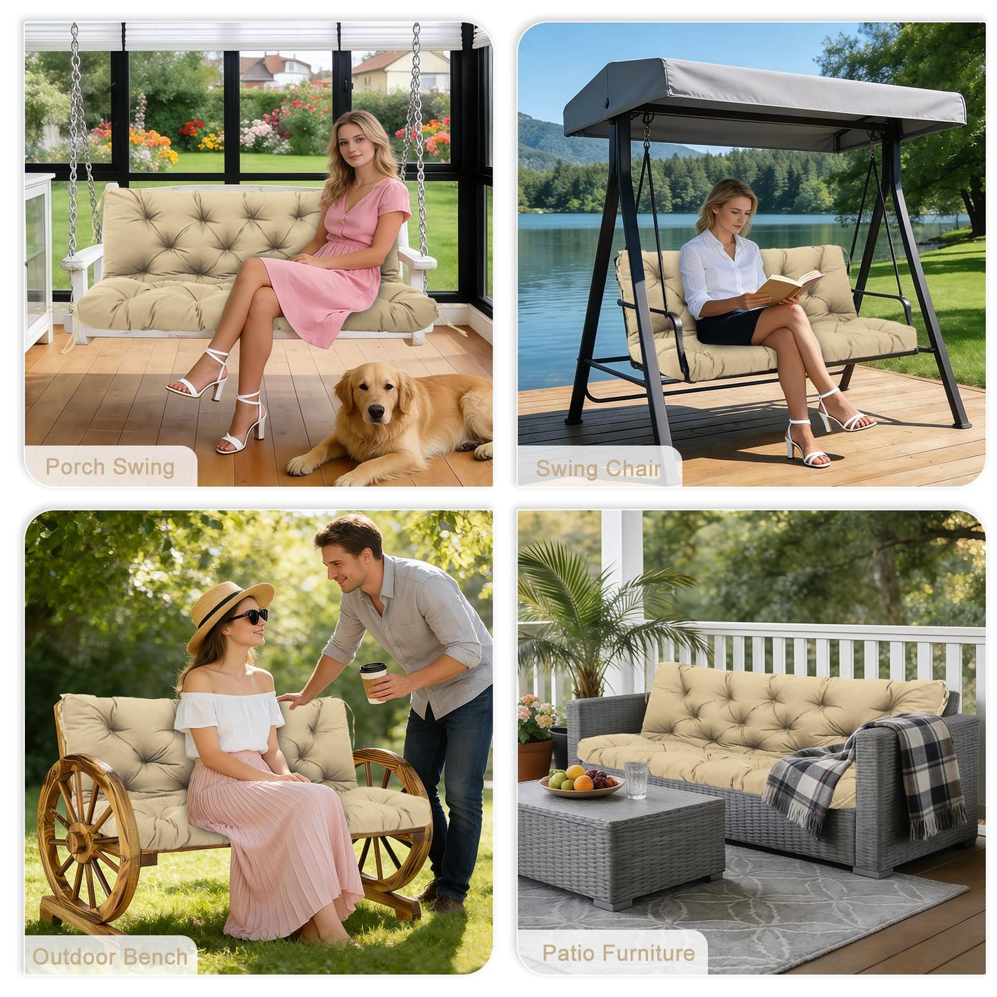 Porch Swing Cushions Outdoor 60 inch x 40 Waterproof Swing Cushions 3 Seater Replacement with Backrest & 8 Ties 5" Thick Bench Swing Cushions for Outdoor Furniture Patio(Khaki)