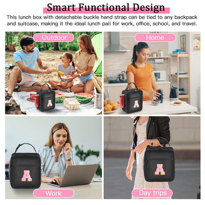 Initial Insulated Lunch Bag, Lunch Box with Initial Letter Patch for Teen Adult, Reusable Lunch Bag for Men Women, Ideal Back to School Gift Back to School Gift Birthday Gift, Pink A