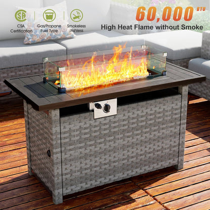 44" Fire Pit Table with Wind Guard for Outdoor, Auto-Ignition Propane Gas Firepits Rattan Rectangular Table for Outside Patio 60,000 BTU, Gray