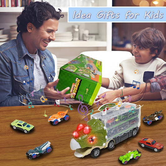 Dinosaur Toys for Kids 3-5,61 Inch Foldable Dinosaur Truck with 6 Dinosaur Cars,Dinosaur Truck Race Track with Lights & Sounds,Dinosaur Cars Set Birthday Gifts Toys for 3 4 5+ Year Old Boy and Girl