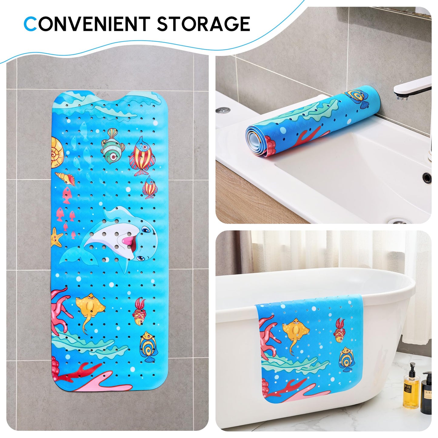 Vannokor Baby Bath Mat for Tub Non Slip Kids, 40 X 16 Inch Extra Long Bathtub Mat with Drain Holes and Suction Cups, Anti Slip Shower Mat Machine Washable, Dolphin