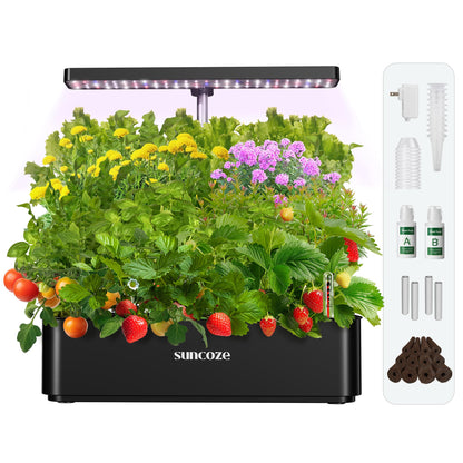 SUNCOZE Hydroponics Growing System Kit 12 Pods, 24W LED Grow Light Indoor Garden, 4L Water Tank with Quiet Pump, Adjustable Height Herb Garden Planter Indoor Kit, Gardening Gifts, Black