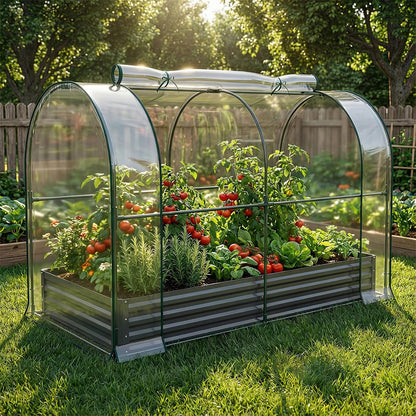 SUNYRISY Galvanized Raised Garden Bed with Greenhouse, Outdoor Metal Planter Box with Plant Bed Cover, Garden Box Protection for Gardening Vegetables Flowers Herbs Planting, Black