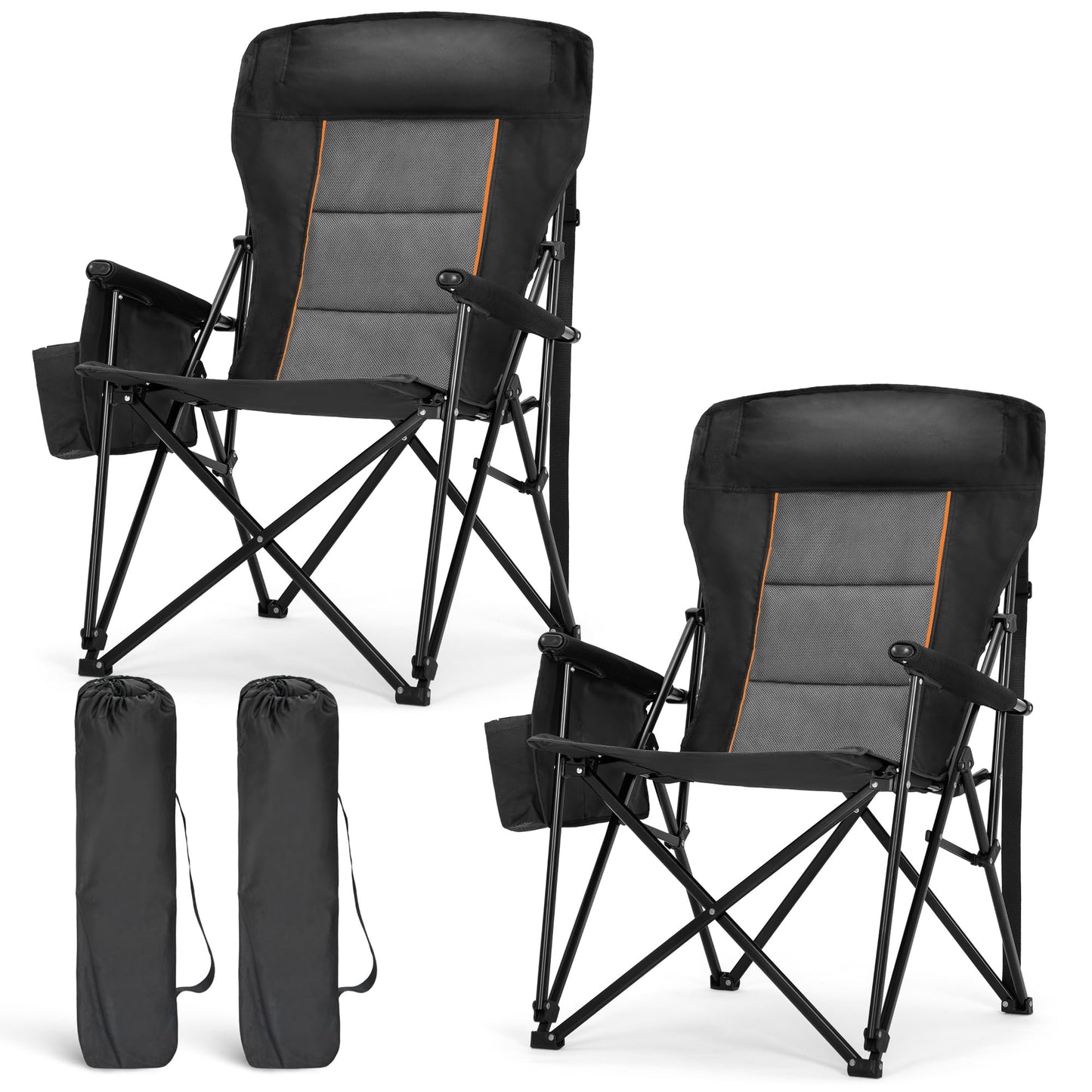 LET'S CAMP Oversized Camping Chairs 29.52" High Back Heavy Duty Lawn Chair Support 500LBS, Portable Collapsible Chair with Cup Holder, Side Pocket,2 Pack(Black)