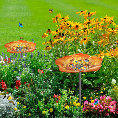 MeyRolizn Bee Butterfly Watering Station, 4 Prongs Base Stake Butterfly Bee Feeder for Garden with Glass Marbles, Bee Bath with Vivid Flower Design for Garden Yard Patio Decor (Orang Yellow)