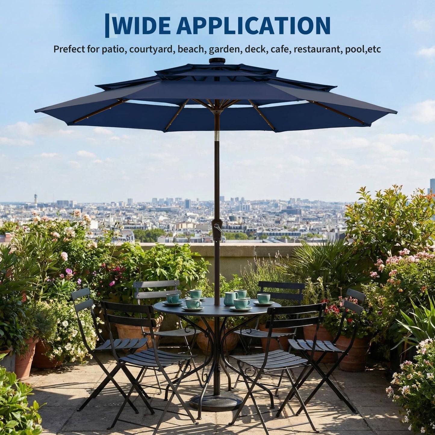 Garvee 10ft Patio Umbrella with Solar Lights, 3-Tier Patio Table Umbrella Outdoor with LED Lights, Ventilation, Easy Crank & Tilt, 8 Sturdy Ribs, UV Protection, Large Patio Umbrella for Deck, Pool