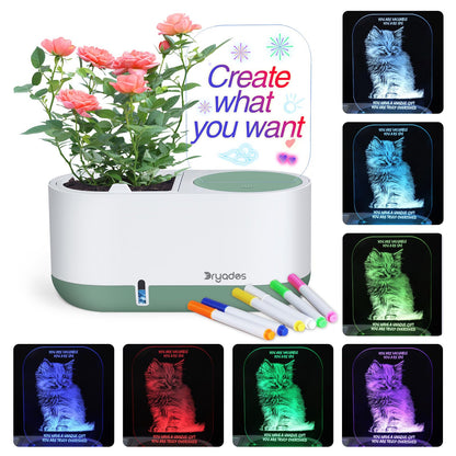 Self-Watering Plant Pot with LED Note Board & 7 Colors Pen Acrylic Message Board with Light Acrylic Dry Erase Board, Led Cat Board Night Light with Planting Pot for Christmas(No Plant&Seed)