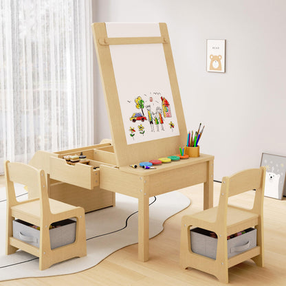 5-in-1 Kids Art Table and Chairs, Toddler Table and Chair Set, Craft Play Desk for Kids, Convertible Art Easel with Paper Roll Holder & Storage Drawers, Children Activity Learning Center - Nature Wood