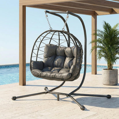 Pamapic 700 LBS Double Egg Chair Outdoor, UV Resistant Cushions Hanging Egg Chair with Armrests & Headrest, Thick Steel Frame Egg Swing Chair with Stand, for Relaxing & Reading Outside/Inside(Grey)