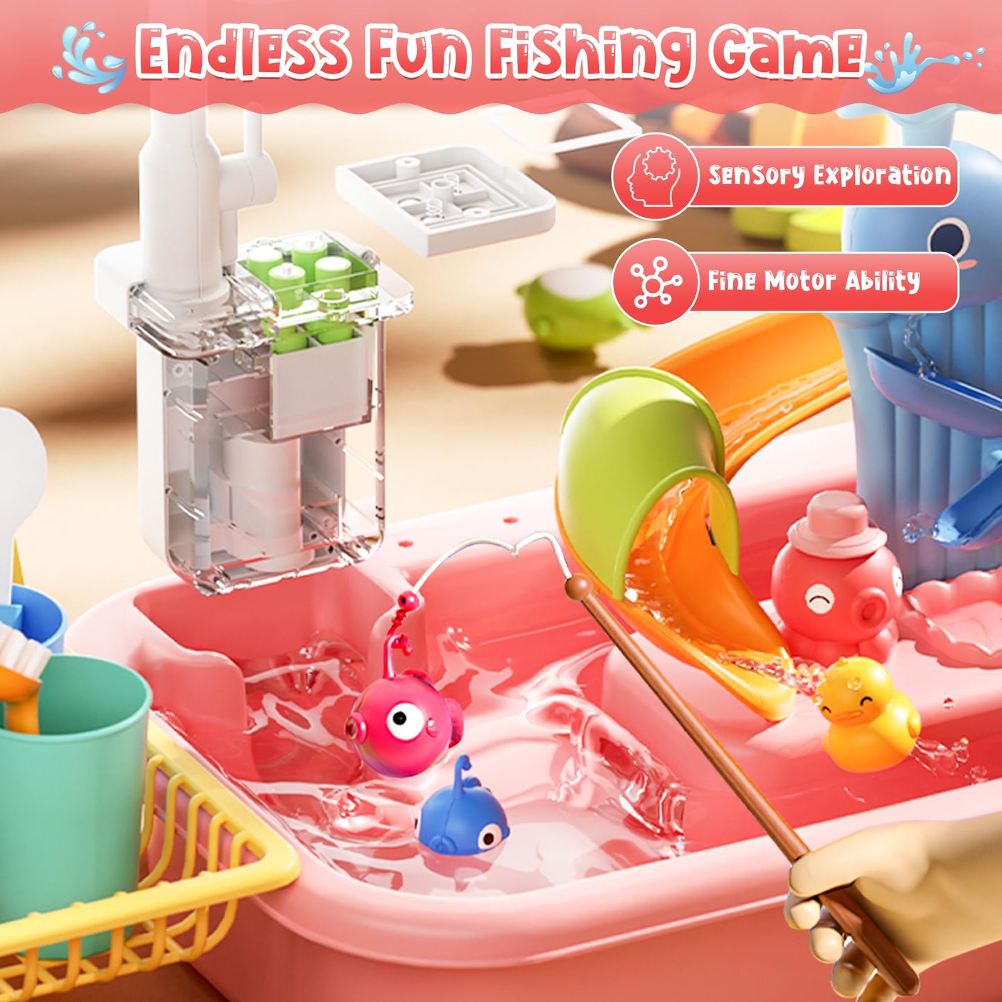 Dtadvlo Upgraded Toddler Sand Water Table Toy with Electric Water Pump, Kids Sand Water with Faucet/Play Food Accessories/Fishing Toy, Kitchen Play Sink Toys for Girl Boy Age 3+ (Pink)