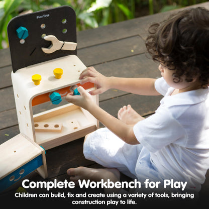 PlanToys® Wooden Tool Bench for Kids | Pretend Play Construction Toy with Tools & Accessories | Educational STEM Toy for Toddlers | Montessori Fine Motor Skills Workbench Playset