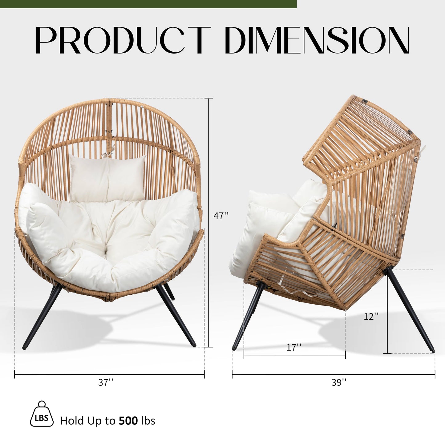 Oversized Outdoor Wicker Egg Chair, Patio Lounge Chair Basket Seat with Thick Cushion, All Weather Indoor Outdoor Porch Rockers for Balcony, Living Room, Lawn Garden