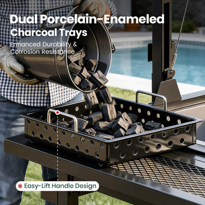Argentine Santa Maria Grill, Wood Fire & Charcoal BBQ Grill with Adjustable Height Grates, Argentinian Open Fire Grill with S-Hooks and Foldable Front Table for Outdoor Patio Backyard Gaucho Grilling