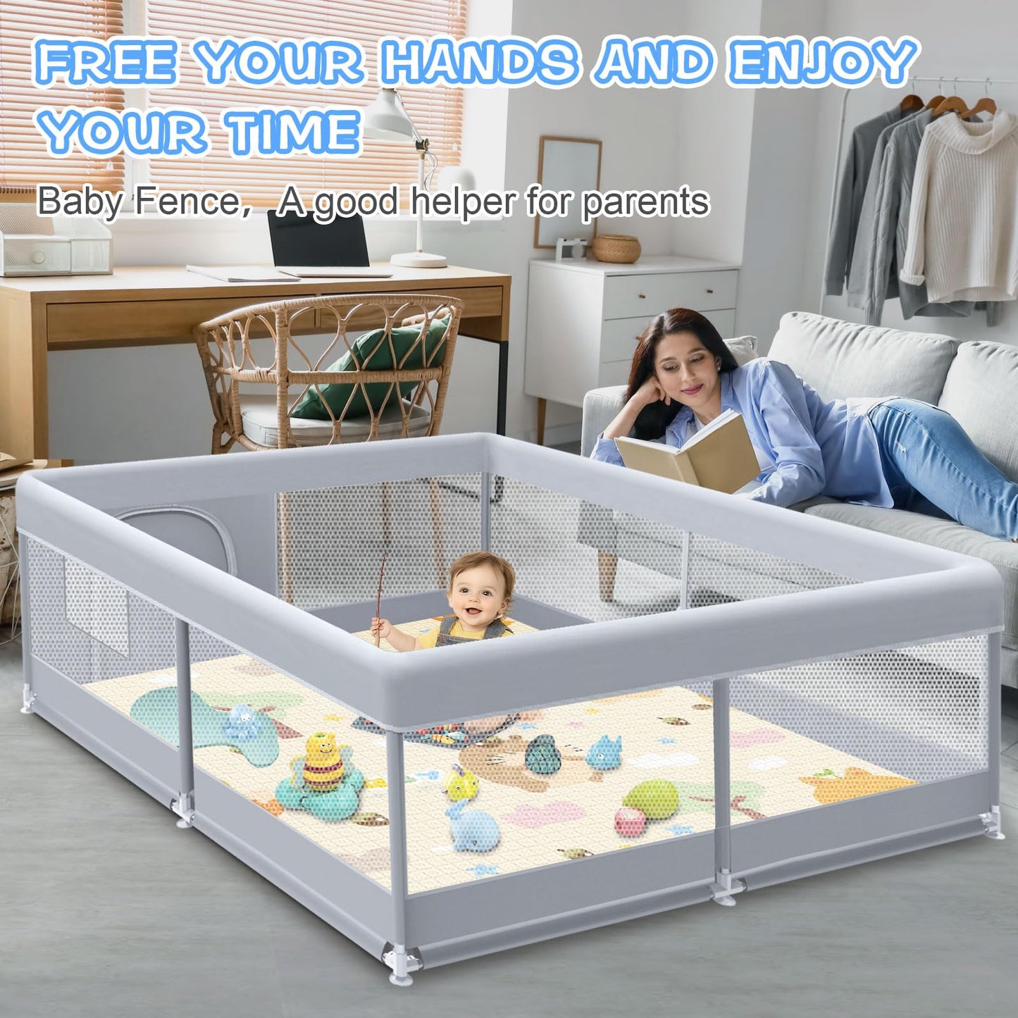 XVISHX Baby Playpen with Mat, 50x50 Inch Play Pen, Playpen for Babies and Toddlers, Baby Playard for Indoor & Outdoor Active Center Game Fence, with Skin-Friendly Fabric and Soft Breathable Mesh