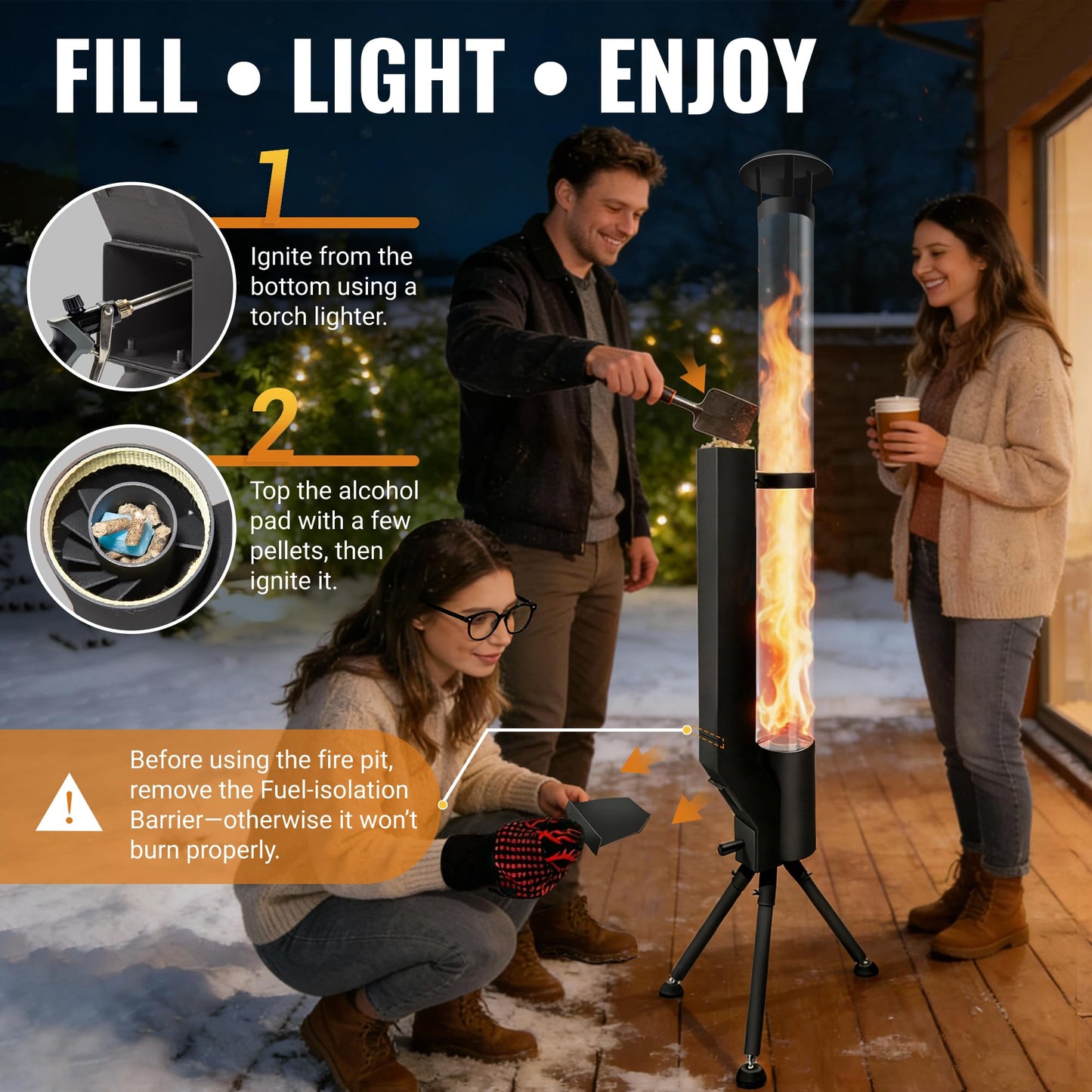 63" Wood Pellet Stove Outdoor Fire Pit with Safe-Guard Kit (Glove, Cover, Ground Stakes), Smokeless Spiral Flame Patio Heater with Quick-Extinguish Barrier for Backyard, Garden, Patio, Bonfire
