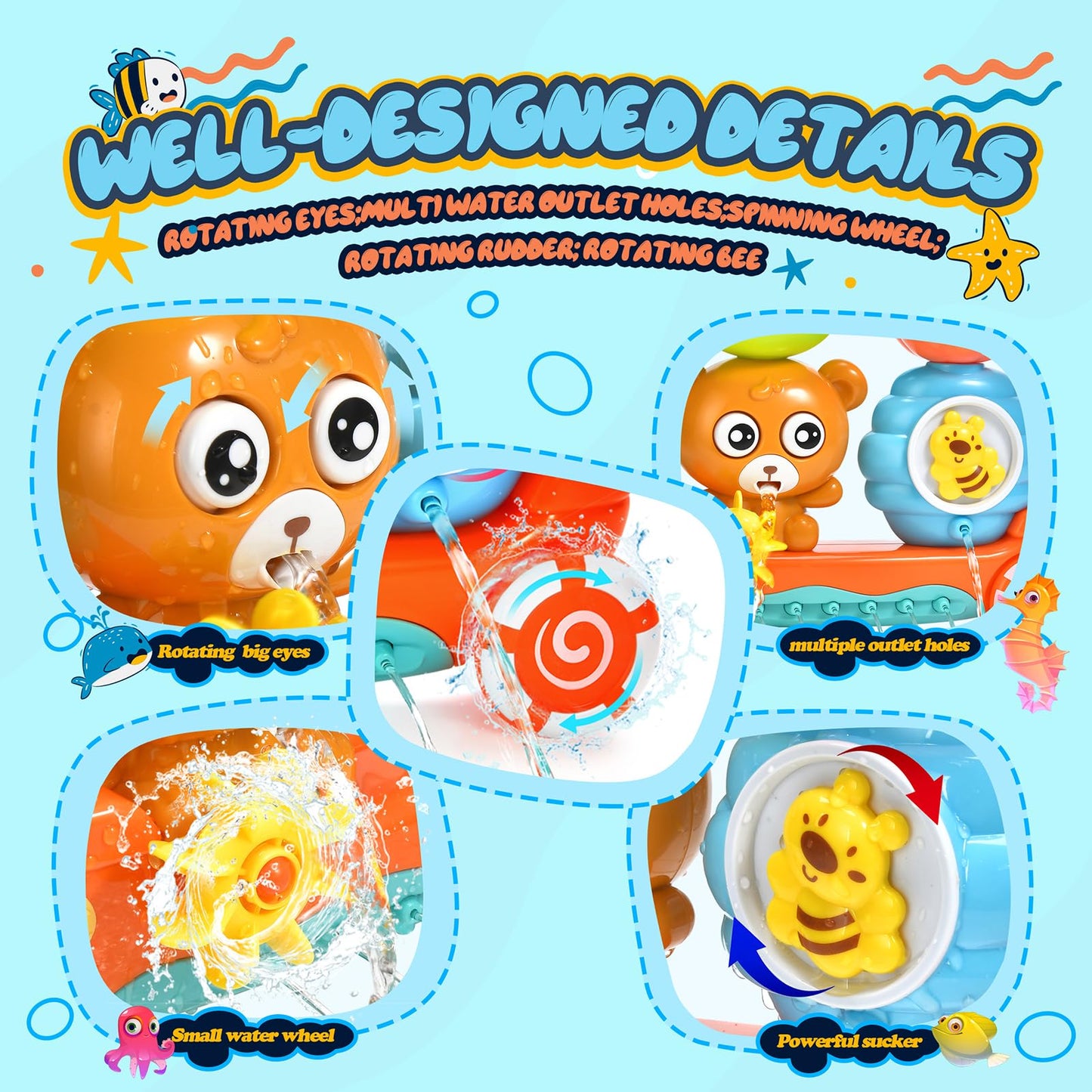 Baby Bath Toys for Kids Ages 1-3 Toddler Bath Toy Bear Bathtub Toys for Babies 12 Months Boys Girls Infant Water Tub Toys 1 2 3 Year Olds Preschool Learning Gift