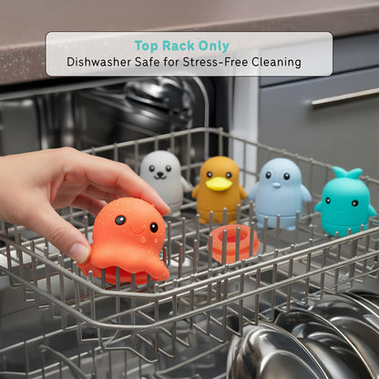 Ocean Friends Baby Bath Toys, Silicone Bath Toys for Babies 9 Months+, Toddler Bath Toys 1-3, Easy to Clean, Opens for Cleaning, 6-Piece Set