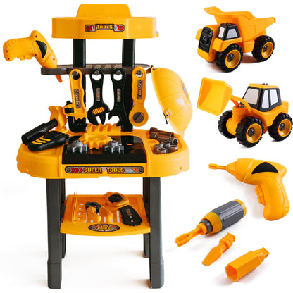Toddler Workbench & Tool Set with Battery-Operated Drill - Includes 2 Big Take-Apart Trucks & Realistic Tools, Construction Tool-Bench Toy for Kids 3-5, Toolbox Gift for Boys 3 4 5 Years Old