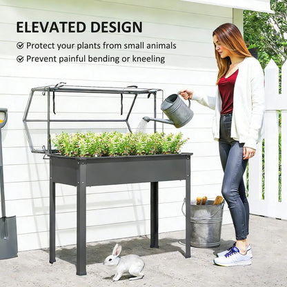 Elevated Raised Garden Bed with Mini Greenhouse, Dark Gray Metal Planter Box with Flip-Up Protective Cover, 39.4" x 18.9" x 48.8", 110 lbs Capacity
