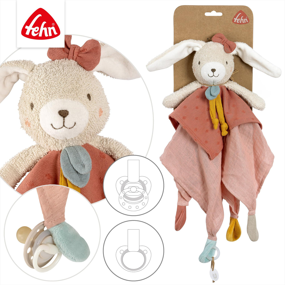 Fehn fehnNATUR rabbit cuddly toy, play companion and soft toy made of organic cotton with dummy chain, for babies and toddlers from 0+ months