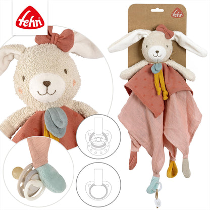 Fehn fehnNATUR rabbit cuddly toy, play companion and soft toy made of organic cotton with dummy chain, for babies and toddlers from 0+ months