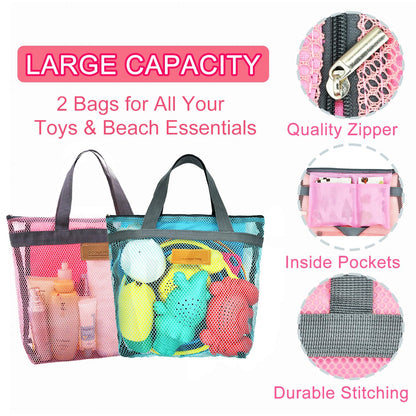Aclarastra Collapsible Beach Toys for Kids Toddlers, Collapsible Sand Buckets Shovels Set with Mesh Bags and Sand Molds, Foldable Travel Sand Toys for Beach Sandbox Toys for Kids