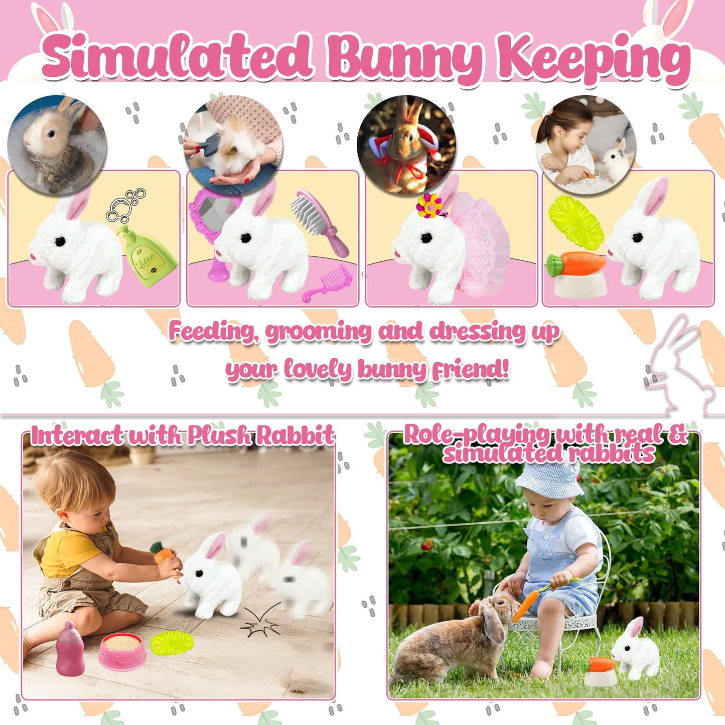 STAY GENT Plush Bunny Toy for Kids Girls, Hopping Walking Ears Wiggling Electric Rabbit, Feeding Interactive Pets Bunny Toys & Cage Easter Accessories Birthday Xmas Gifts for Toddlers 3 4 5 6