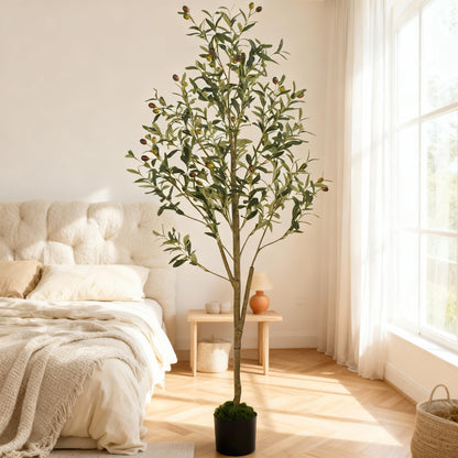 5ft (150 cm) Artificial Olive Tree with Black Plastic Pot & Moss – 720 Leaves, 40 Olives, Realistic Fake Indoor Potted Plant for Home, Bedroom, Office & Living Room Decor