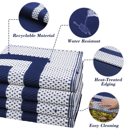 KMAT Outdoor Rug, Waterproof Reversible Patio Rugs, 8x10ft Large Outdoor Area Rug Foldable Plastic Camping Rugs for Outside RV, Patio,Picnic,Camper,Balcony,Porch (Blue &White)