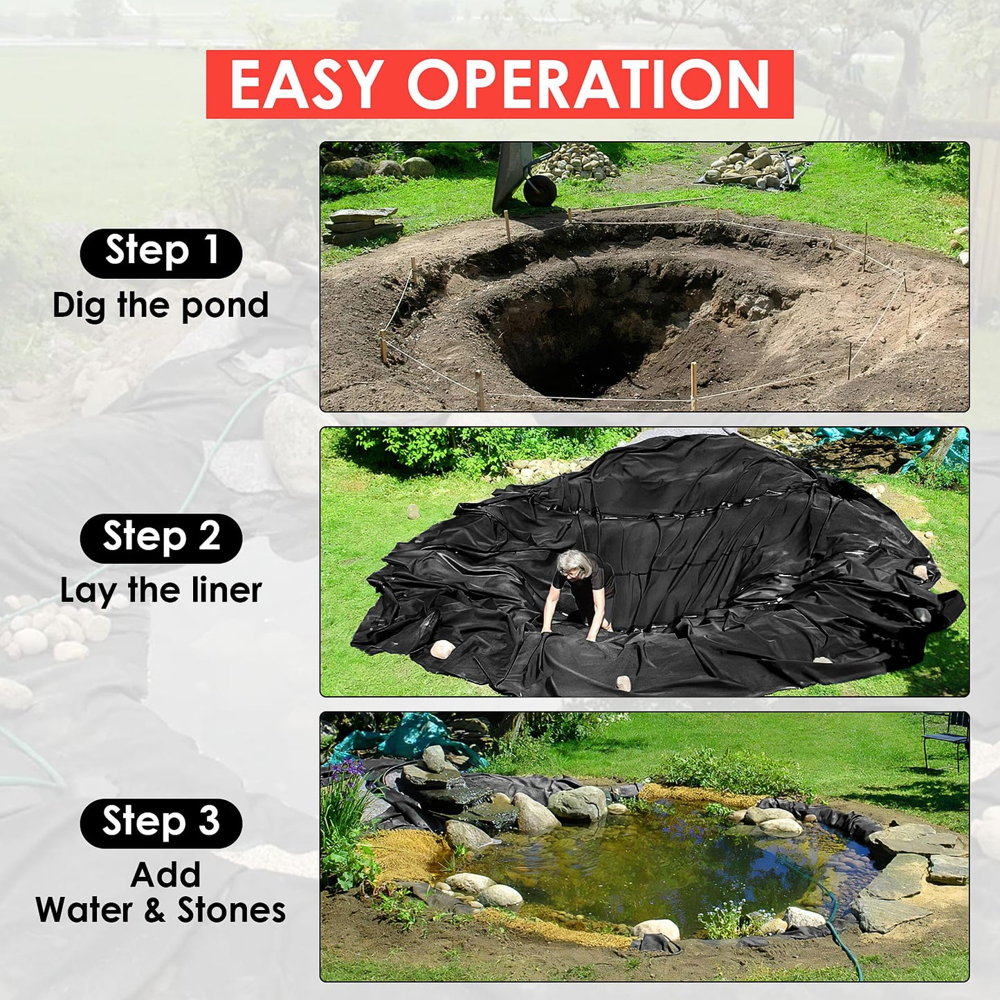 MERXENG 10x15 Ft Pond Liner, 45 Mil Thickness, Pliable & Durable Epdm Material, Easy Cutting & Uv Resistant, for Fish or Koi, Features, Waterfall Base, Fountains and Water Gardens