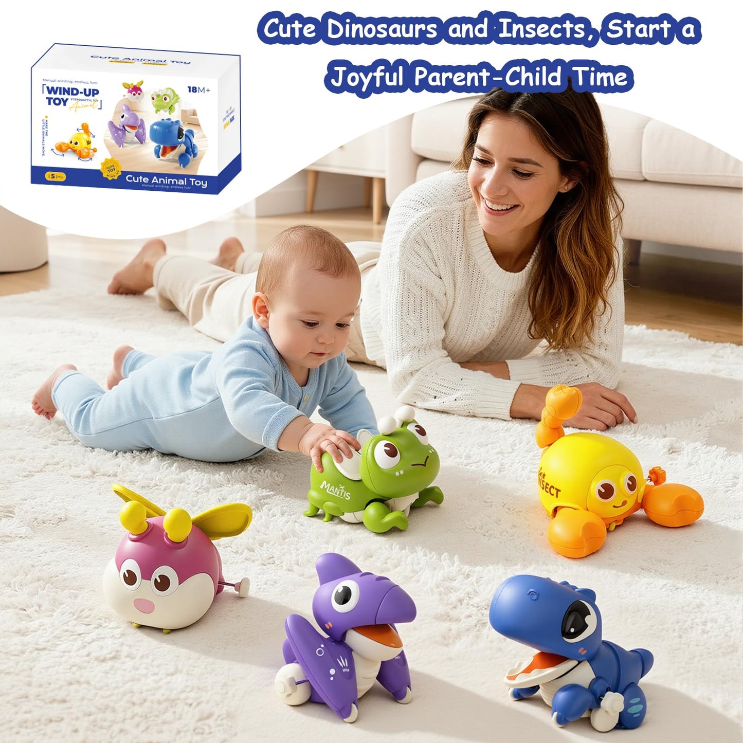 bessome Wind Up Crawling Baby Toys Set, Cute Animal Push and Go Car Toys for 18 Months, Montessori Early Learning Toys for Boys & Girls 2 3 4 Years Old, Hand-Eye Coordination & Crawling Training Gift