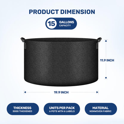 HealSmart 15 Gallon 6 Pack Nonwoven Grow Bags, Aeration Fabric Pots with Handles, Heavy Duty Garden Grow Pots for Tomato Vegetables Flowers, 6 Plant Labels, Black
