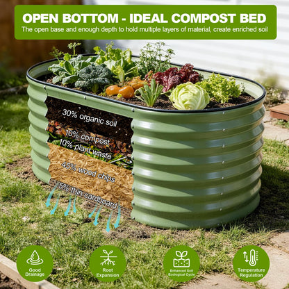 24" Tall Galvanized Raised Garden Bed Outdoor, 4x2x2ft Deep Metal Planter Box with Safety Edging & Support Bars, Large Oval Raised Beds for Gardening Plants Vegetables Herbs Flowers (Olive Green)
