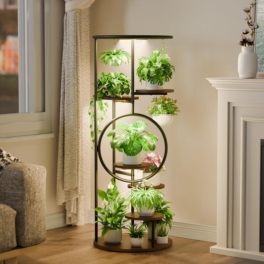 POZILAN Plant Stand Indoor with Grow Light, 51" Plant Shelf for Indoor Multiple Plant, 6 Tiered Cylinder-Shaped Metal Corner Plant Stand, Plant Holder Display Rack for Patio, Balcony, Living Room
