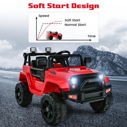 OLAKIDS Kids Ride On Truck, 12V Electric Vehicle Jeep Car with Remote Control, Toddlers Battery Powered Toy with 2 Speeds, Spring Suspension, Double Open Doors, LED Lights, Music, TF,USB, Mp3 (Garnet)