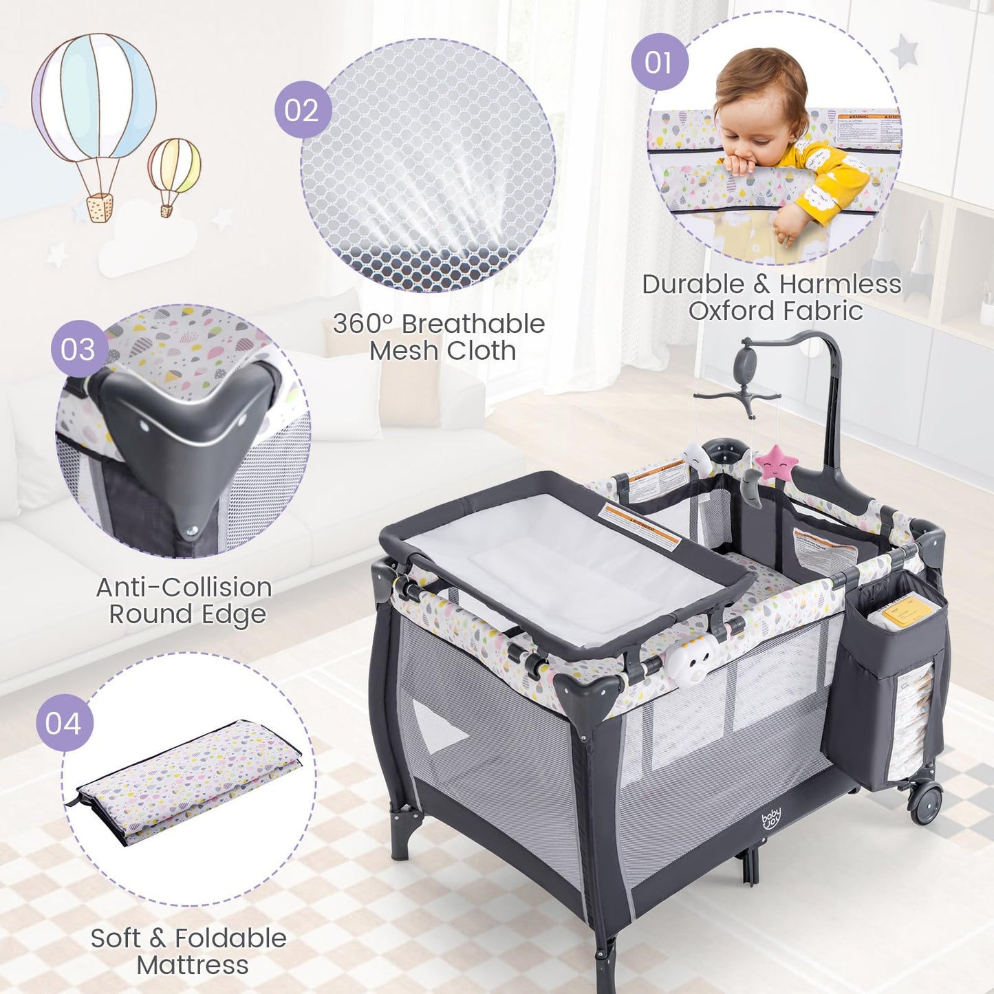 Costzon 3 in 1 Pack and Play with Bassinet, Portable Baby Playard with Changing Table, Music Box, Whirling Toys, Wheels/Brake, Basket, Foldable Infant Bassinet Crib for Baby Toddlers Indoor Outdoor