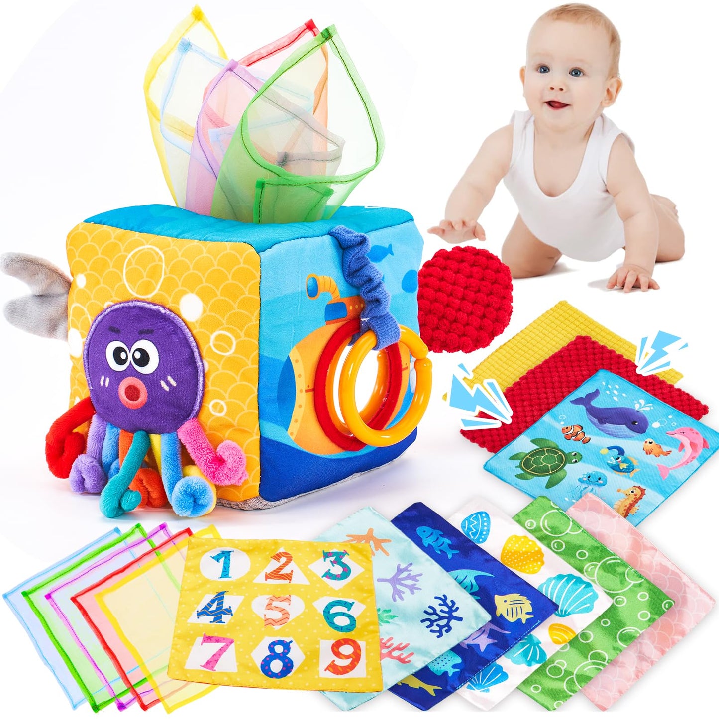 hahaland Baby Tissue Box Toy - Baby Toys 6-12 Months Montessori Toys for 6 Month Old with Textured Tails, Crinkle Tissues, Squeaky, Mirror, Play Silks Sensoy Scarves Baby Gifts 9 Month Old Travel Toys