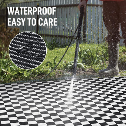 GOTGELIF Black and White Classic Checkerboard Outdoor Area Rug 9x18FT, Reversible & Water-Resistance & Portable Plastic Straw Rug for RV Trips, Picnic, Camping, Outdoor, Garden, Patio