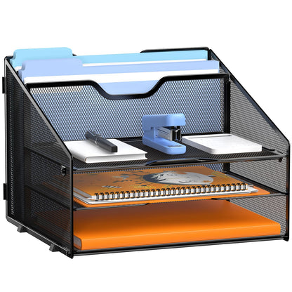 GAWERK Letter Tray Organizer, Mesh Desk File Organizer with 3 Paper Trays and 2 Vertical Upright Section, Blank