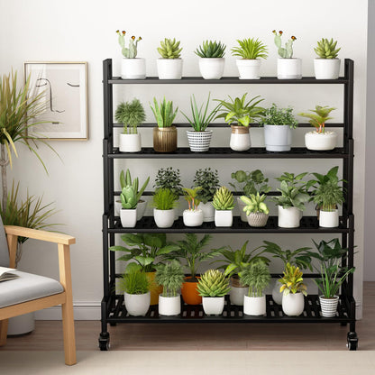 YIZAJIA Plant Stand Indoor 4 Tier Metal Outdoor Tiered Stands Shelf With wheel for Multiple Plants Potted Ladder Plant Holder Table Plant Pot Stand for Window Garden Balcony Living Room (4 Tier-Black)