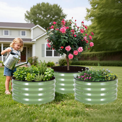 INNO STAGE 3 Pcs Round Galvanized Raised Garden Bed — 2×2×1ft Planter Box Outdoor Raised Beds Kit for Gardening Vegetables, Fruits, Herbs, and Flowers, Olive Green