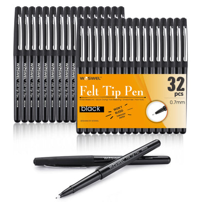 WOSWEL Black Felt Tip Pens, 32 Black Pens, 0.7mm Medium Point Felt Tip Markers Pens for Journaling, Note Taking, Planner, Writing,Drawing.Perfect for Art Office and School Supplies