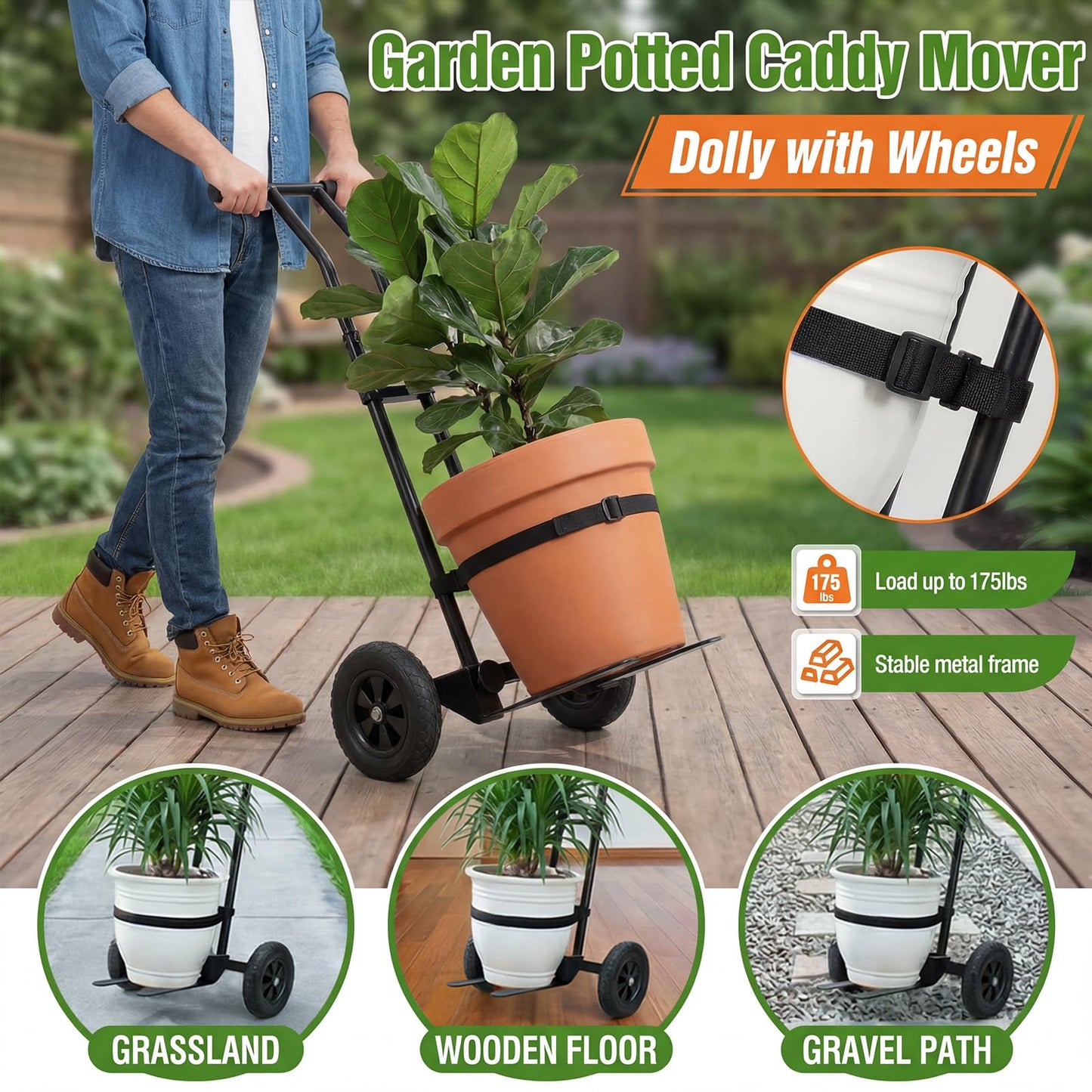 Adjustable Plant Caddy with Wheels, Heavy Duty Plant Dolly Cart w/Grab Arm and Strap Dual Protection, Garden Potted Plant Mover Dolly for Planter Flower Pots Indoor Outdoor, Supports 175lbs, Black